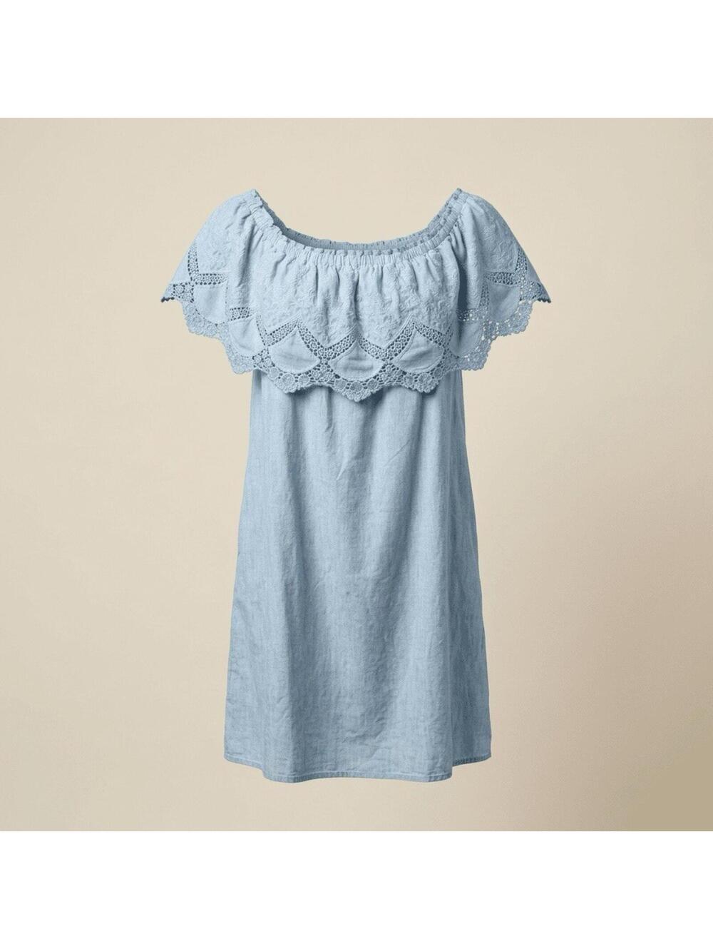 WOMENS KNOX ROSE CHAMBRAY BLUE On OFF SHOULDER LINED EMBROIDERED SHIFT DRESS XXL